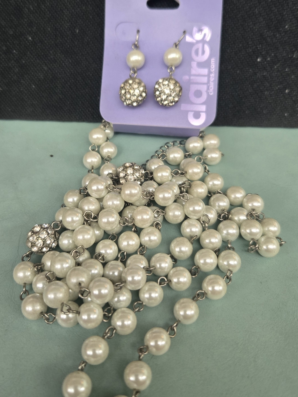 Claire's White Pearl and Rhinestone Necklace with Matching Earrings